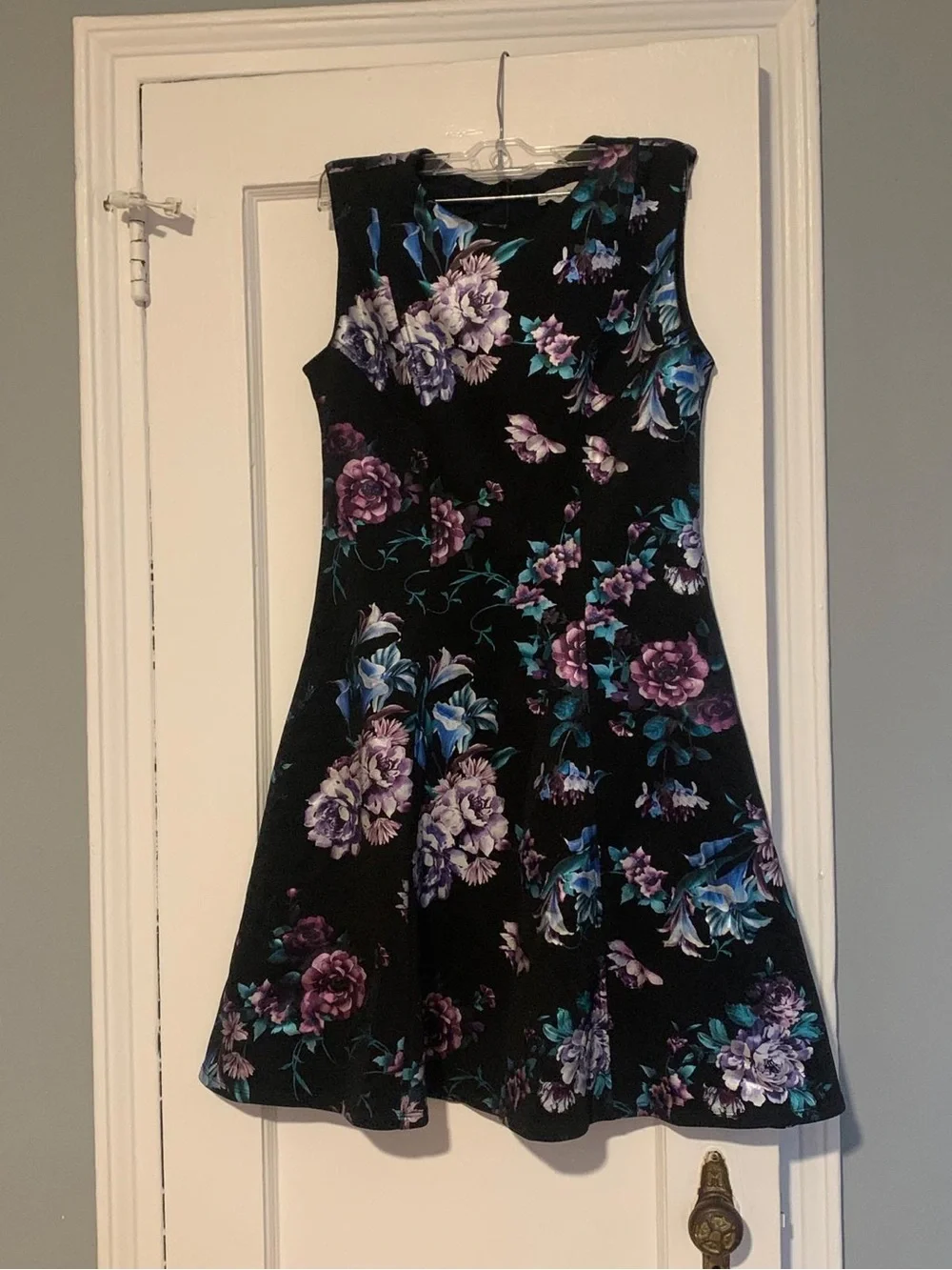 Emma & Michele Black Floral Fit-and-Flare Dress with Purple & Blue Blooms